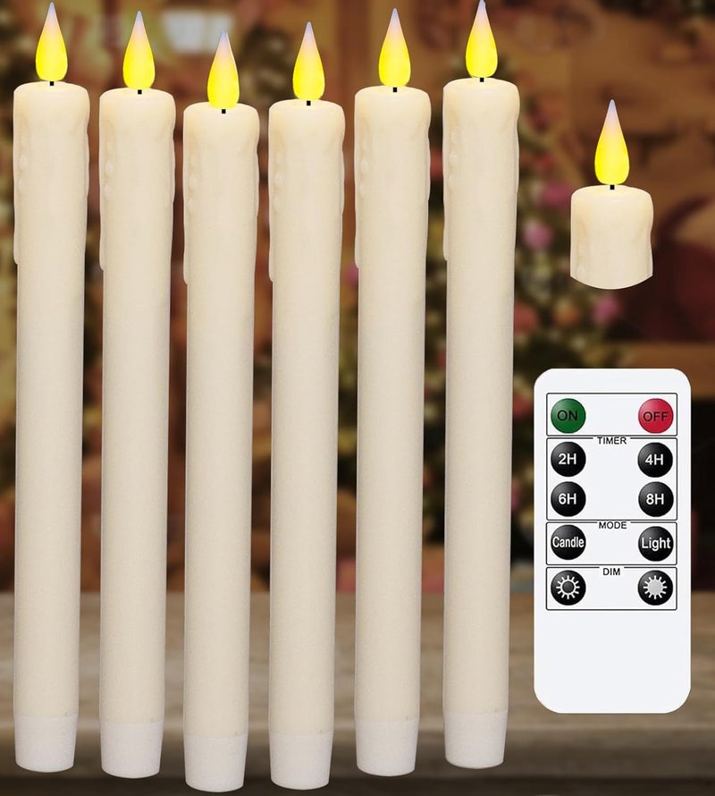 KSWING Upgraded Real Wax LED Flameless Taper Candles with Remote, 6 PCS White Dripping Candlesticks Battery Operated 3D Flickering - 9.6" Long Realistic Fake Candle Sticks for Home/Wedding/Xmas Decor - Image 1